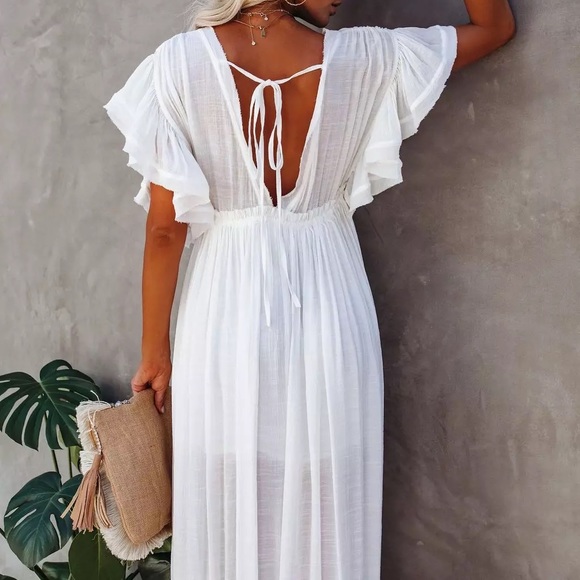 New White Sands Gauze Boho Button Flutter Maxi Butterfly Arms Dress - Picture 11 of 12